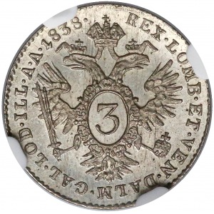 Austria, Ferdinand I, 3 kreuzer 1838-E - NGC MS63