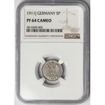 Niemcy, PROOF, 5 fenigów 1911-J - NGC PF64 CAMEO