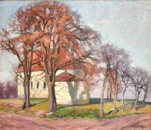 Karol BISKE (1863-1928), Pejzaż jesienny z wiejskim kościółkiem, 1925