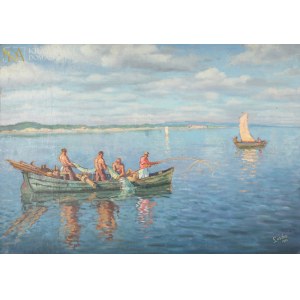 Ludwik LESZKO (1890-1957), Spółdzielnia rybacka na jeziorze Mamry (1954)