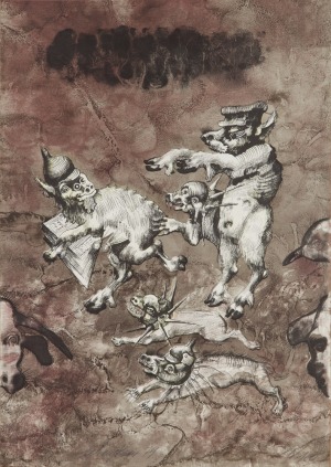 Jan Lebenstein (1930-1999), Napoleon wypędza Chyżego, z cyklu „Folwark zwierzęcy”, 1974 r.