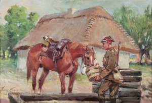 Jerzy KOSSAK (1886-1955) - pracownia, Żołnierz pojący konia