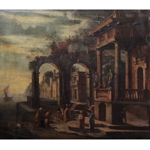 MALARZ NIEOKREŚLONY, włoski, XVII w., Chrystus i jawnogrzesznica na tle antycznej architektury i ruin