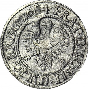 RR-, Śląsk, Trzech Braci, 1 krajcar 1654, Brzeg, rzadki typ odmiennego wizerunku orła