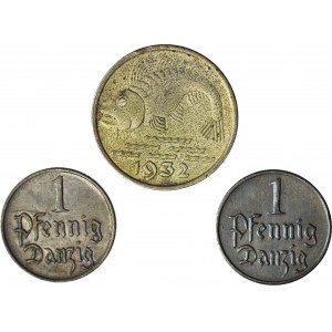 WMG, lot 3 szt. 10 fenigów 1932 dorsz, 1 fenig 1923