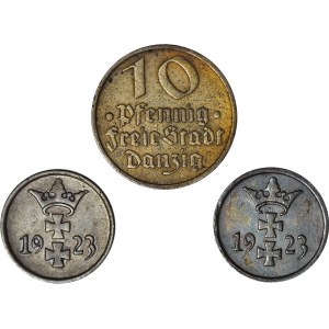 WMG, lot 3 szt. 10 fenigów 1932 dorsz, 1 fenig 1923