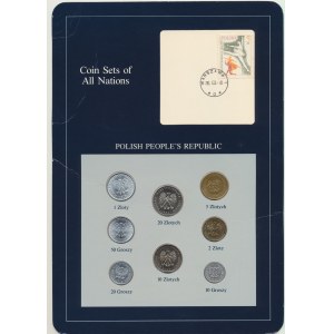 Zestaw monet PRL w opakowaniu eksportowym wraz ze znaczkiem