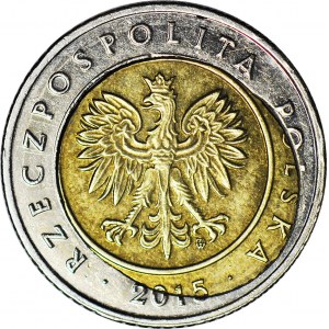 R-, 5 złotych 2015, DESTRUKT - rozlany rdzeń na awersie