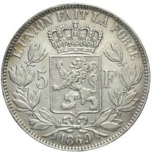 Belgia, Leopold II, 5 franków 1869, Bruksela