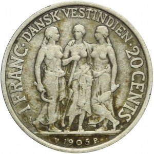 Dania, Duńskie Indie Zachodnie, Christian IX, 1 frank = 20 centów, 1905