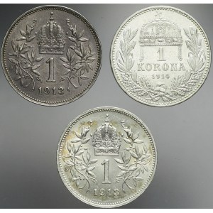 Węgry, Franciszek Józef, Zestaw trzech monet 1 korona, Kremnica, piękne egzemplarze