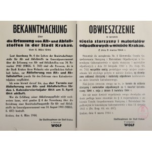 Bekanntmachung uber die Erfassung von Alt- und Abfallstoffen in der Stadt Krakau. Vom 6. Marz 1944.