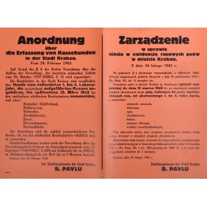 Anordung uber die Erfassung von Rassehunden in der Stadt Krakau. Vom 24. Februar 1943.
