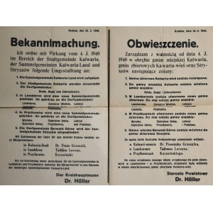 Bekanntmachung Ich ordne mit Wirkung vom 4.3.1940 im Bereich der Stadtgemeinde Kalwaria, der Sammelgemeiden Kalwaria-Land und Strzyszów folgende Umgestalltung.