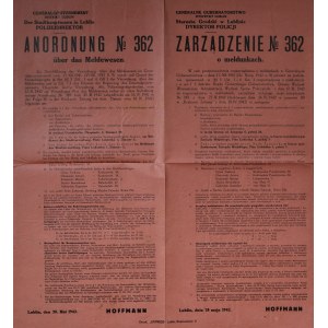 Anordnung No 362 uber das Meldewesen. Lublin, den 28. Mai 1942.