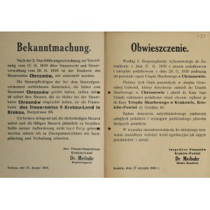 Bekanntmachung. Nach der 2. Durchfuhrungsverordnung zur Verordnung vom 11.11.1939 uber Steuerrecht und Steuerverwaltung vom 20.11.1939 ist der Restkreis des Steueramtes Chrzanów, mir unterstellt worden.