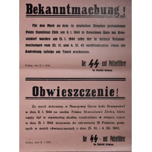 Bekanntmachung! Fur den Mord an dem in deutschen Diensten gestandenen Polen Stanislaus Zbik am 8.1.1944 in Nawojowa Gora (...) wurden (...) veroffentlichten Polen (...) erschossen