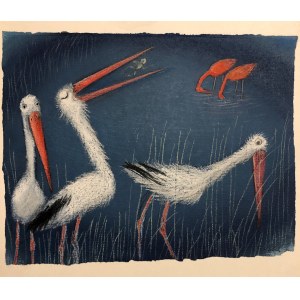 Józef Wilkoń,Flamingos,oryginalna autorska ilustracja