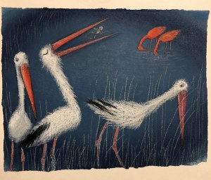 Józef Wilkoń,Flamingos,oryginalna autorska ilustracja