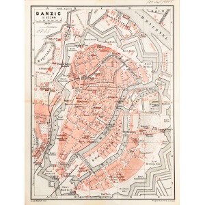 GDAŃSK, Plan Gdańska w 1885 r.; na verso cz.-b. mapka okolic miasta; pochodzi z: Baedeker, Karl, Mittel- un ...