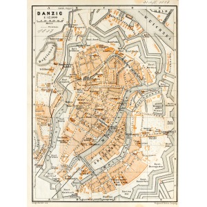 GDAŃSK, Plan Gdańska w 1887 r.; na verso cz.-b. mapka okolic miasta; pochodzi z: Baedeker, Karl, Mittel- un ...