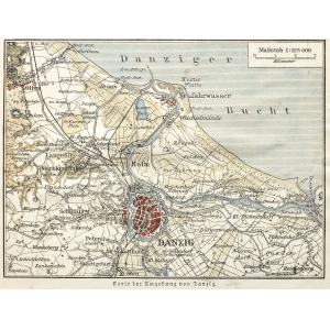GDAŃSK, Schematyczny plan miasta i okolic z ujściem Wisły, anonim, ok. 1890; podziałka 1: 125 000; drzew. ...