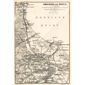 GDAŃSK, Schematyczny plan Gdańska w 1892 r. z mapą najbliższej okolicy (Sopot, Oliwa, Twierdza Wisłoujś ...