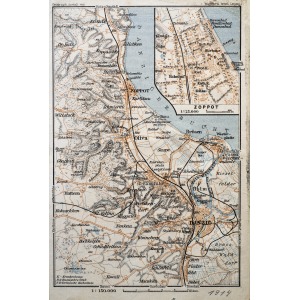 GDAŃSK, Schematyczny plan Gdańska w 1914 r. z mapą najbliższej okolicy (Sopot, Oliwa, Twierdza Wisłoujś ...