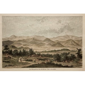 KARKONOSZE, Panoramiczny widok na Karkonosze od strony Jeleniej Góry, ryt. W. Aarland na podstawie obrazu H. He ...