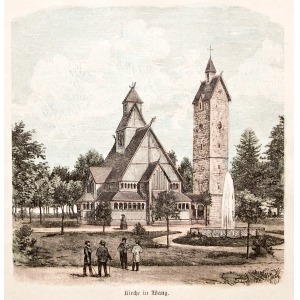 KARPACZ, Widok na świątynię Wang, anonim, pochodzi prawdopodobnie z: Illustrirte Zeitung, ok. 1870; drzew. ...