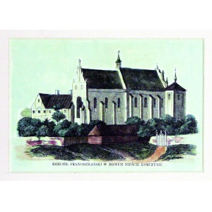 NOWY KORCZYN, Widok na kościół franciszkański, anonim, ok. 1880; drzew. szt. kolor., st. bdb., passe-partout;  ...