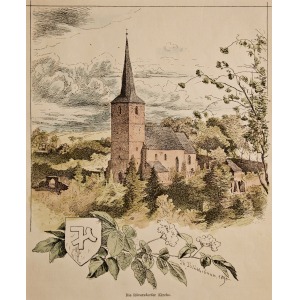 SĘDZISZOWA (pow. złotoryjski), Widok na kościół, rys. Theodor Blätterbauer, 1890; drzew. szt. kolor., podklejony papierem z epo ...