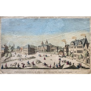 SZCZECIN, Fantazyjny widok miasta, ryt. Basset, Paryż, ok. 1760; nad górną ramką napis (w lustrzanym odbic ...