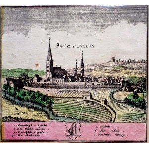 ŚCINAWA, Panorama miasta, według Friedricha Bernharda Wernera, zamieszczona na III arkuszu Scenographia Urbi ...