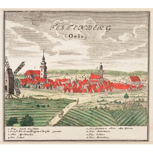 TWARDOGÓRA, Panorama miasta; rys. Friedrich Bernhard Werner, zamieszczona na I tablicy Scenographia Urbium Siles ...