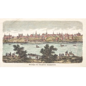 WARSZAWA, Panorama miasta w XVII w., anonim, ok. 1870; drzew. szt. kolor., podklejony sztywnym papierem, st. b ...