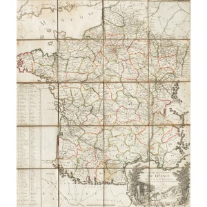 FRANCJA, Mapa Francji z podziałem na 83 departamenty, wyd. Mondhare & Jean, Paryż 1791; przy lewej krawędz ...