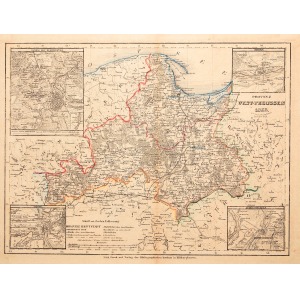 PRUSY ZACHODNIE, Mapa Prus Zachodnich w 1853 r. z zaznaczonym podziałem na rejencje: gdańską z ujściem Wisły, to ...