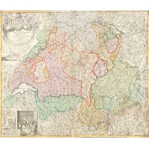 SZWAJCARIA, Mapa Szwajcarii, wyd. Johann Baptist Homann, Norymberga, po 1715; miedz. kolor., zdublowany na papie ...