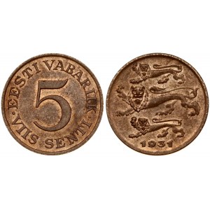 Estonia 5 Senti 1931 Obverse: Three leopards left above date. Reverse: Denomination. Edge Description: Plain. Bronze...
