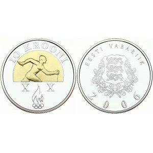 Estonia 10 Krooni 2006 Torino Winter Olympics. Obverse: National arms. Reverse: Gold inset cross country skier in semi...