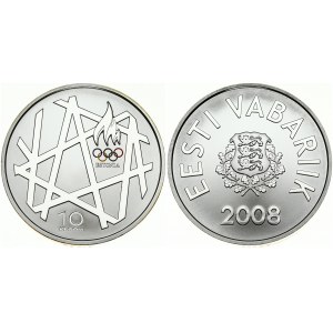 Estonia 10 Krooni 2008 Olympics. Obverse: Arms. Reverse: Torch and geometric patterns. Silver. KM 48. With Box ...