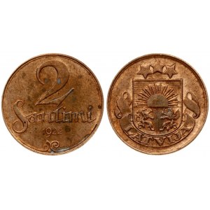 Latvia 2 Santimi 1922 Without mint name below ribbon. Obverse: National arms above ribbon. Reverse: Value and date...