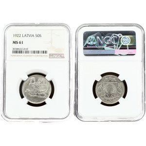 Latvia 50 Santimu 1922 Obverse: National arms above ribbon divides date. Reverse: Value to right of standing figure...
