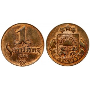 Latvia 1 Santims 1928. Obverse: National arms above ribbon. Reverse: Value and date. Edge Description: Plain. Bronze...