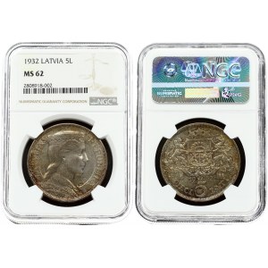 Latvia 5 Lati 1932. Obverse: Crowned head right. Reverse: Arms with supporters above value. Edge Description: DIEVS **...