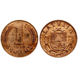 Latvia 1 Santims 1939 Obverse: National arms above sprigs. Reverse: Value divides sprigs above date. Edge Description...