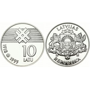 Latvia 10 Latu 1993 75th Anniversary - Declaration of Independence. Obverse: Arms with supporters. Reverse...
