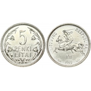 Lithuania 5 Litai 1925 Obverse: National arms. Reverse: Value within flowered flax wreath. Edge Description: Milled...