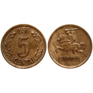 Lithuania 5 Centai 1936 Obverse: National arms. Reverse: Large value within wreath date on top. Edge Description: Plain...